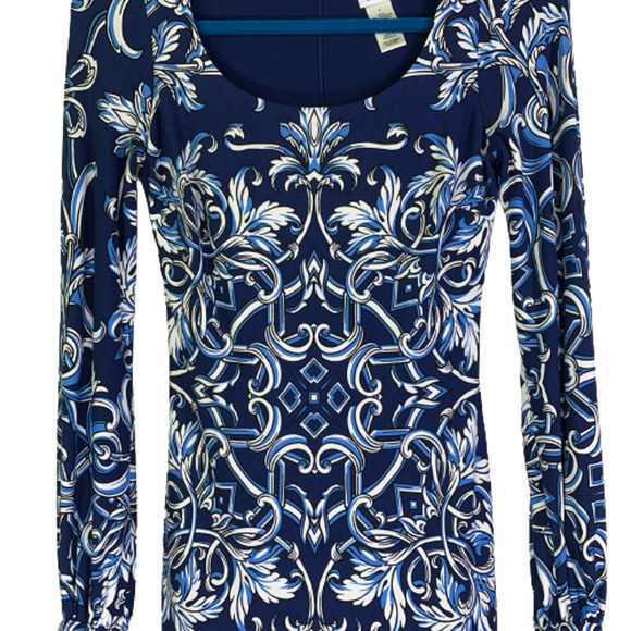 CACHE Navy Blue & White Filigree Print Long Sleeve Dress - Picture 5 of 11